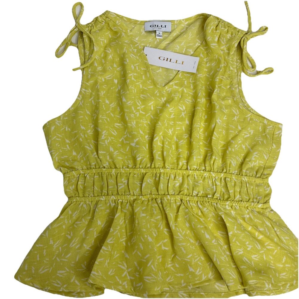 NWT Gilli Women’s Sleeveless Blouse Medium Yellow W/White Leaf Pattern